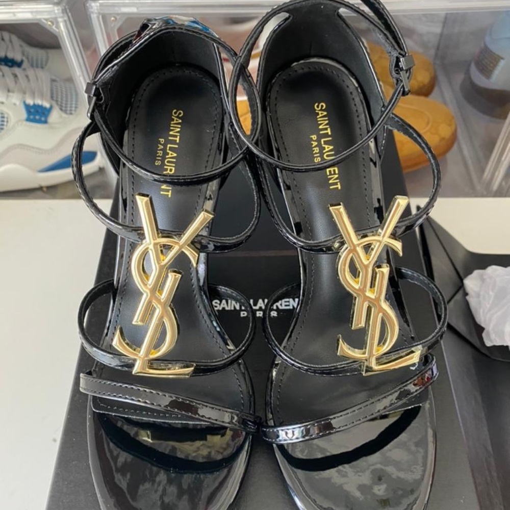 Saint Laurent Glossy Black Heels with Gold Logo